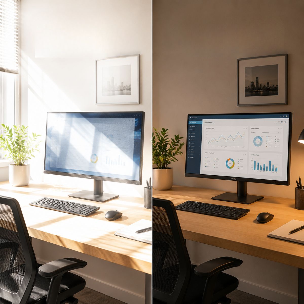 Comparativa de una oficina con iluminación inadecuada y luz equilibrada